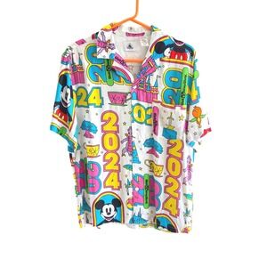Disney World 2024 Mickey Mouse Figment Neon‎ All Over Print Button Down Shirt M